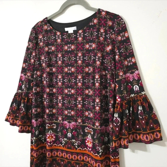 LONDON TIMES Dark Multi Color Boho Mini Shift Dress, 3/4 Bell Sleeves, Size 2 - Picture 3 of 13